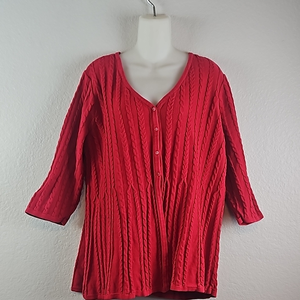 Red Cable-Knit V-Neck Button Front Women's Sweater